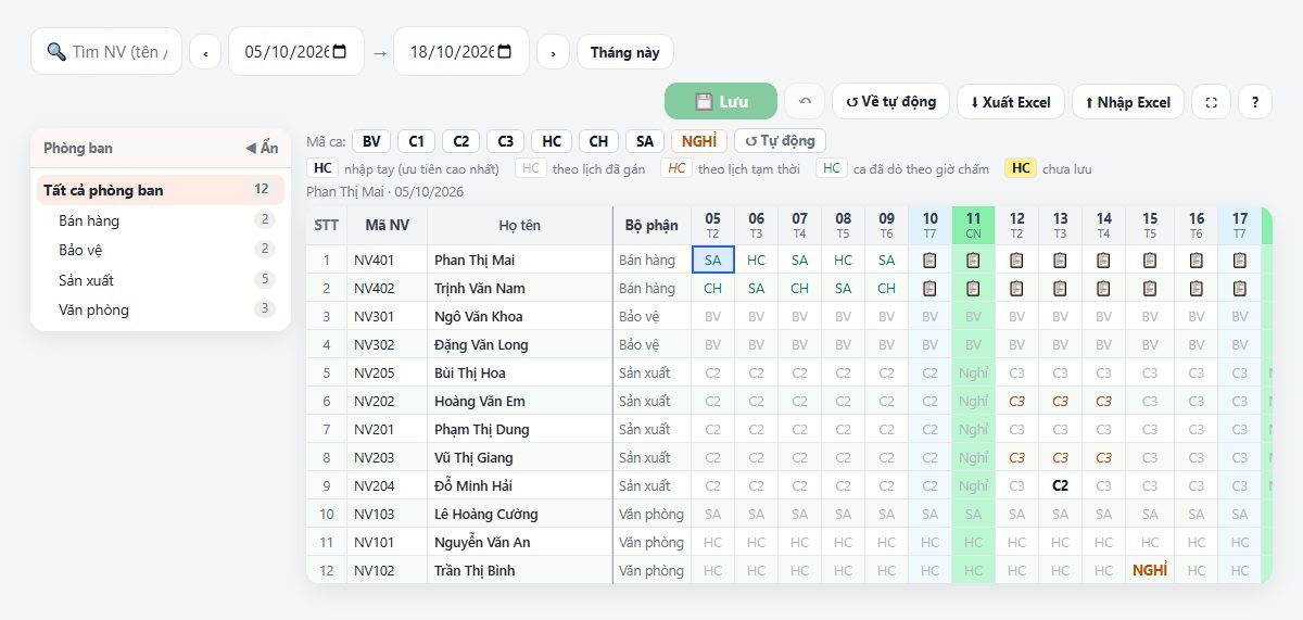 Bảng ph&acirc;n ca kiểu Excel trong phần mềm chấm c&ocirc;ng Digiplus