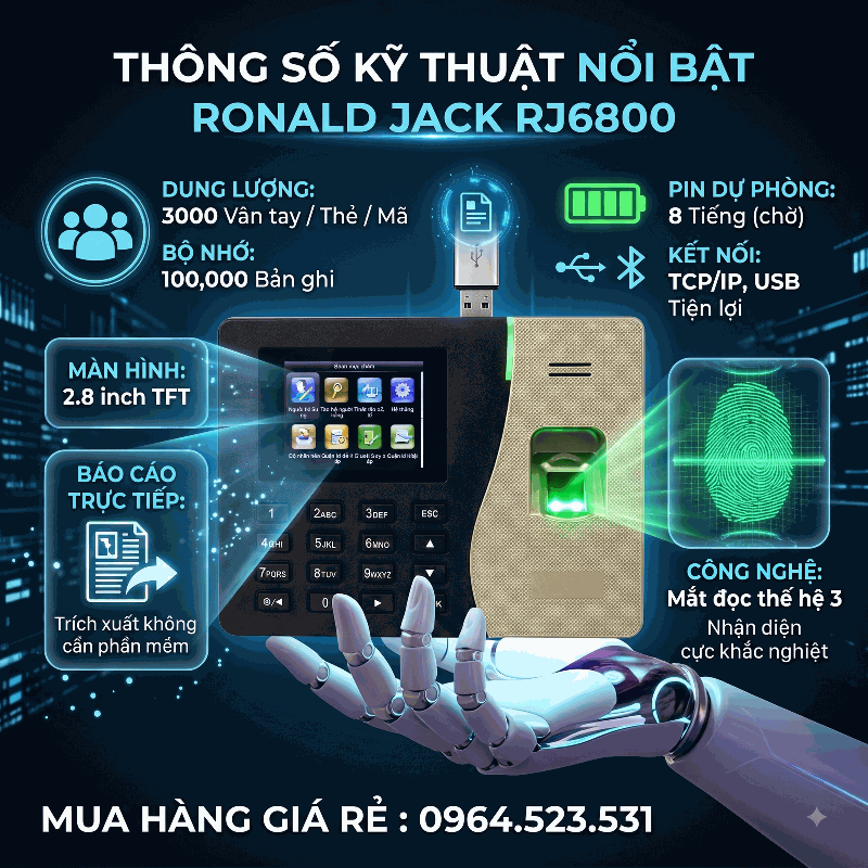 Máy chấm công vân tay RJ6800 - có pin lưu điện 8H